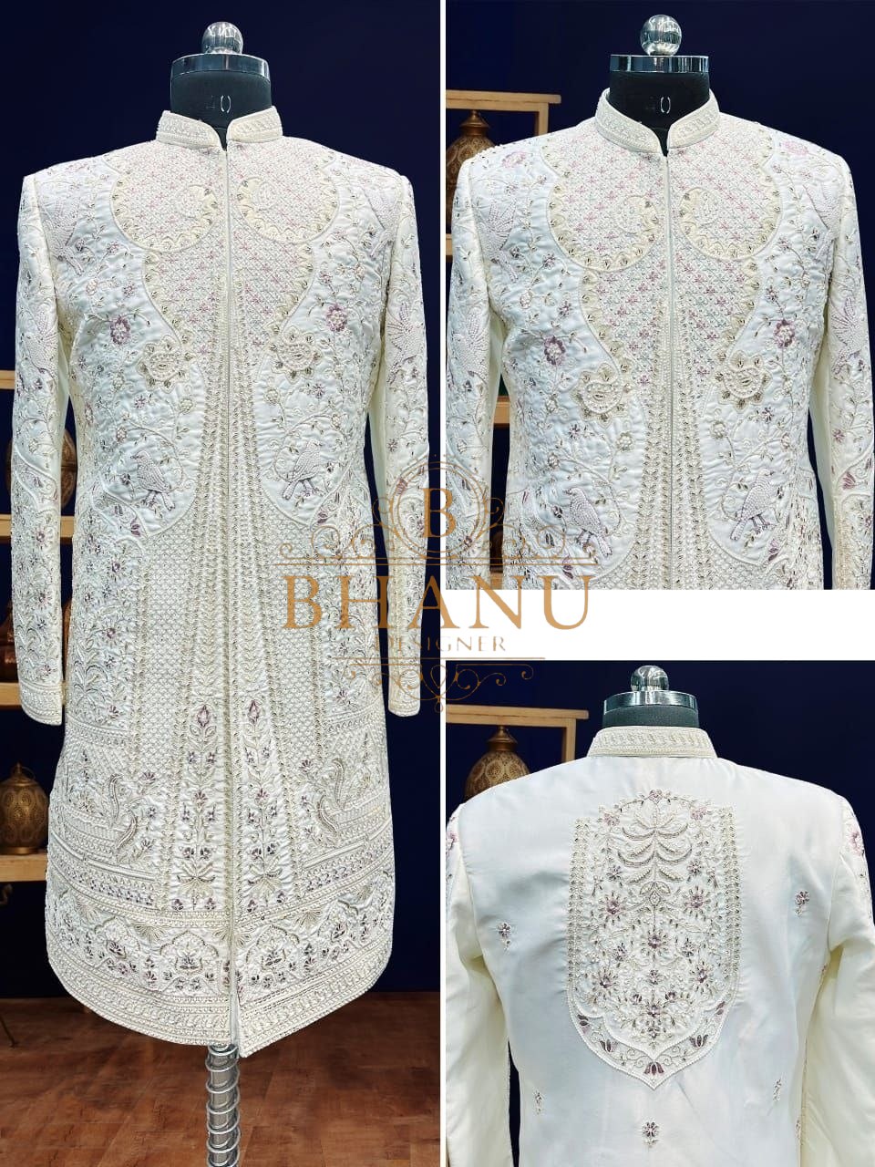 Ivory with tonal thread work and a worked back panel - sherwani