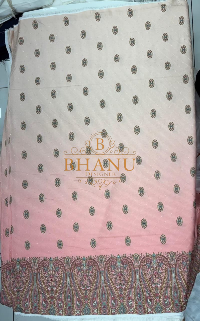 White to pink ombre with dot butti and a paisley border - fabric by the metre