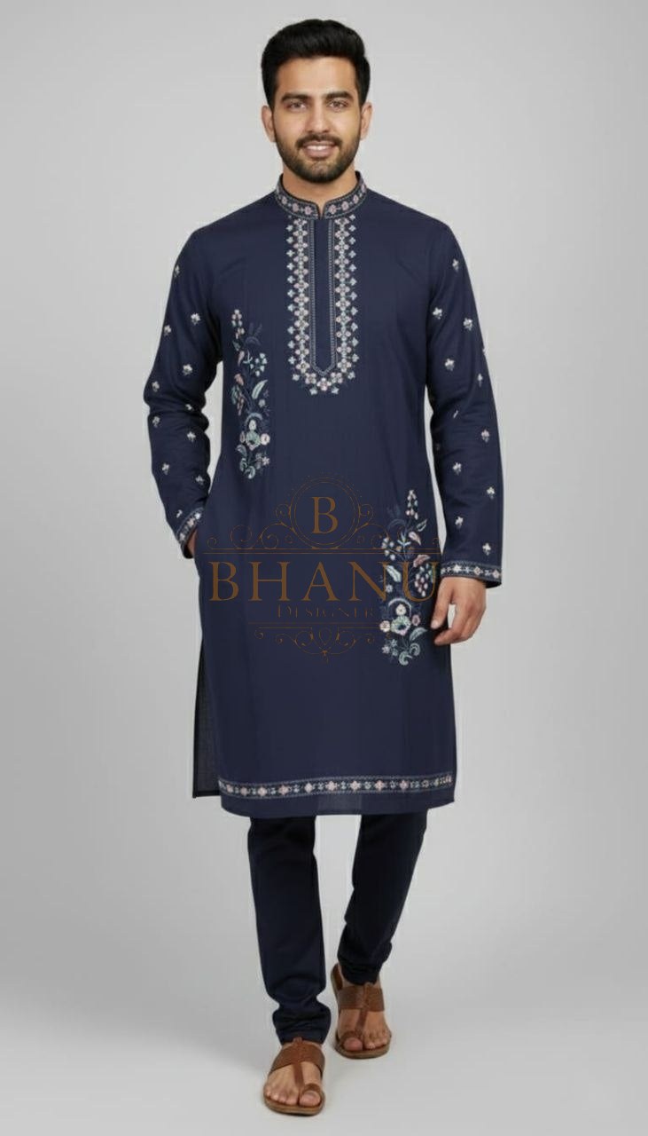 Navy with fine white embroidery at the placket and hem - kurta