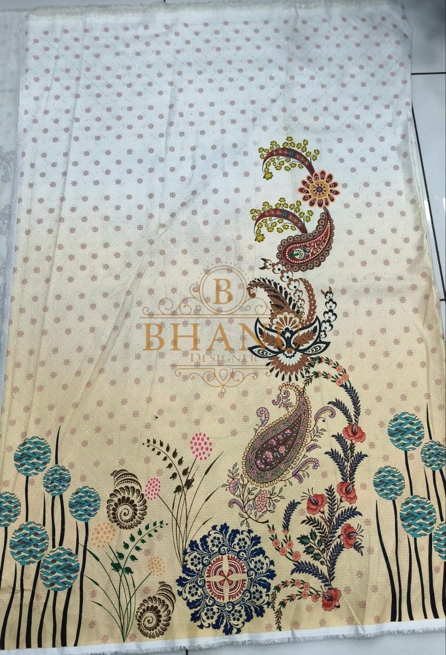 Cream to yellow ombre with a paisley and floral hem - fabric by the metre