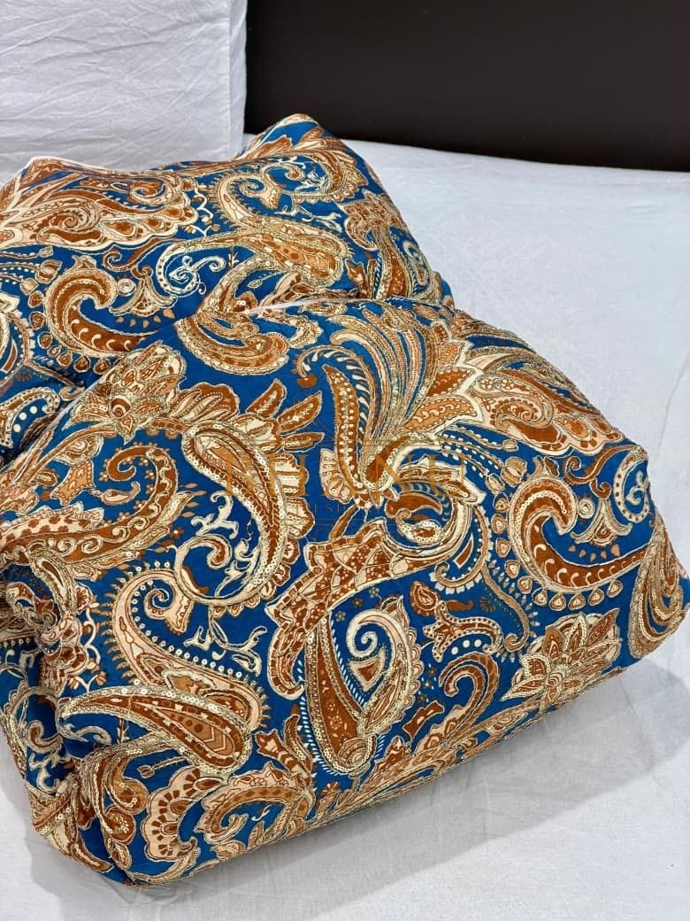 Blue and gold paisley brocade - fabric by the metre