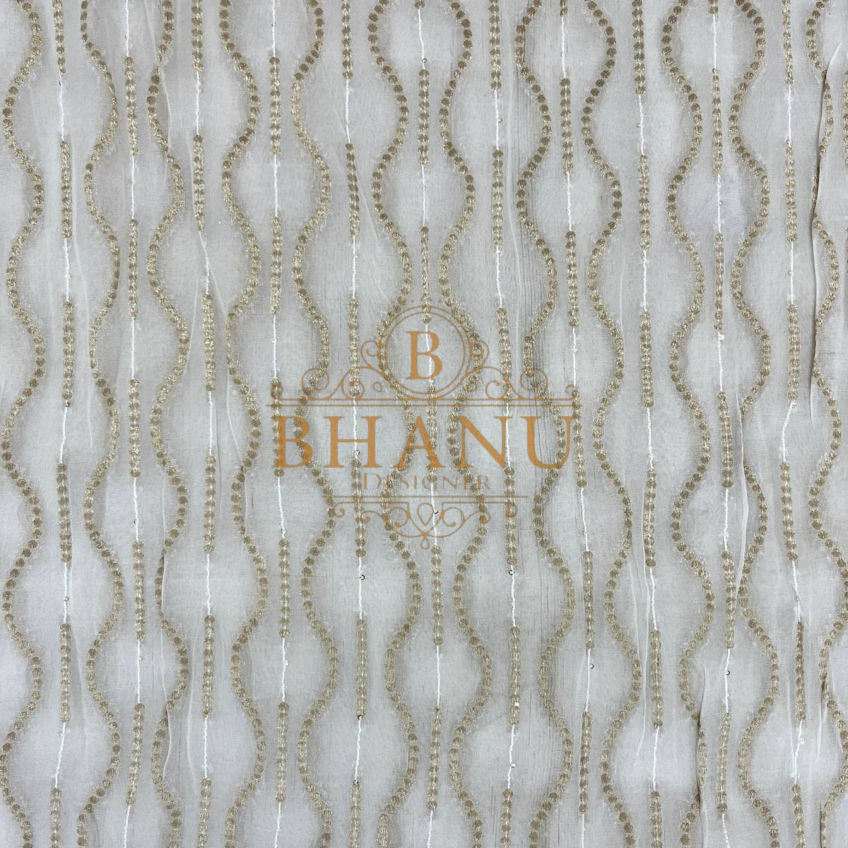 Ivory with gold wave and dot columns - fabric by the metre