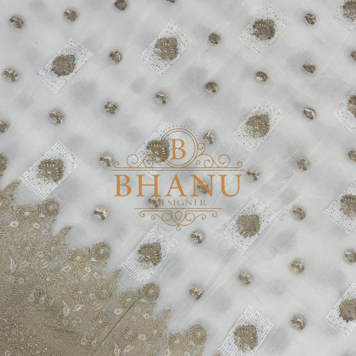Ivory with close-set gold butti - fabric by the metre