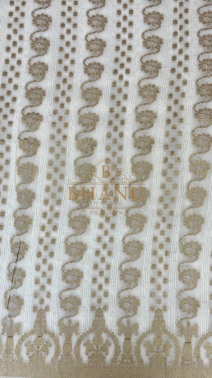 Ivory with gold vertical banding - fabric by the metre