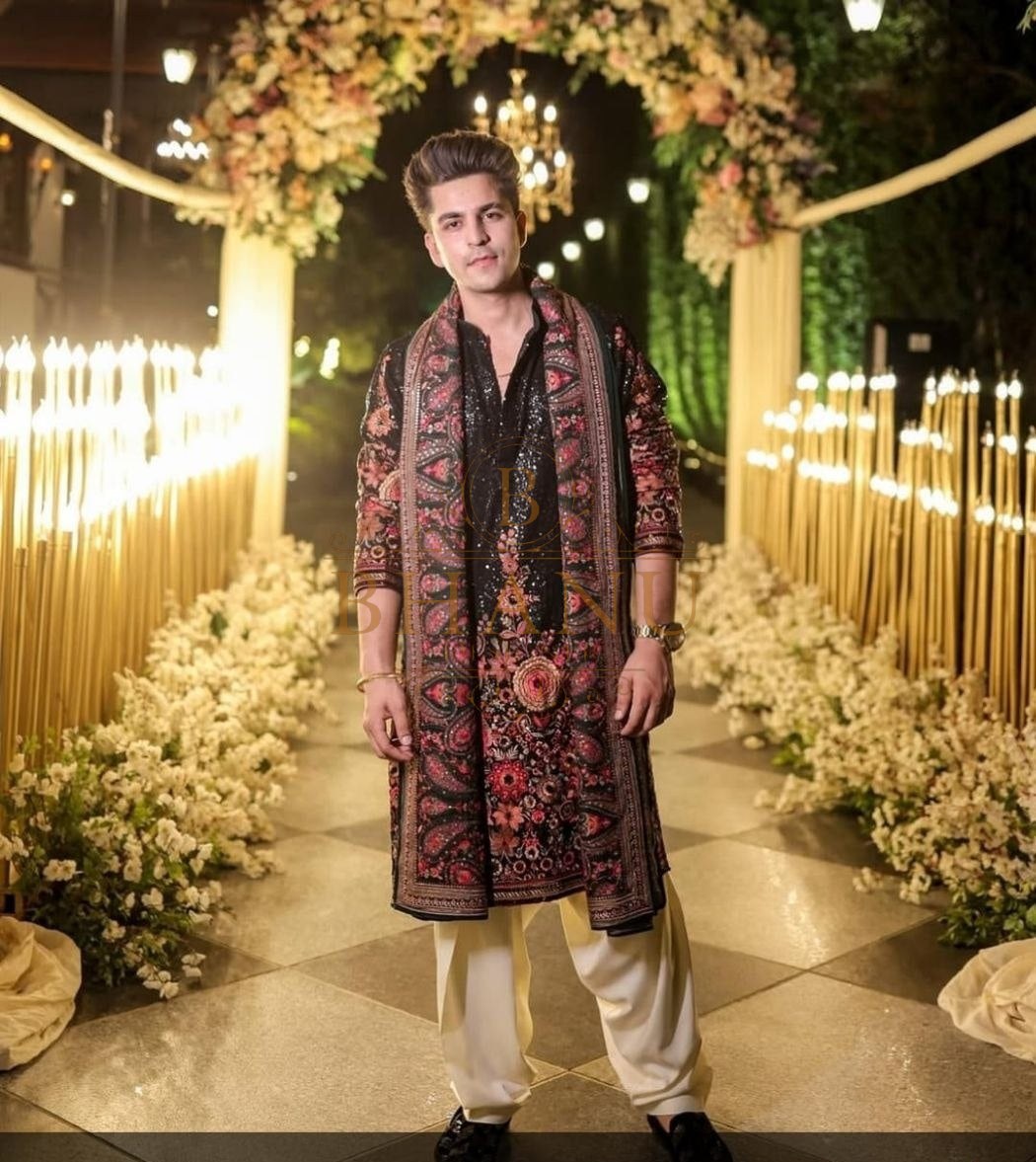 Deep maroon and black with dense gold work - sherwani