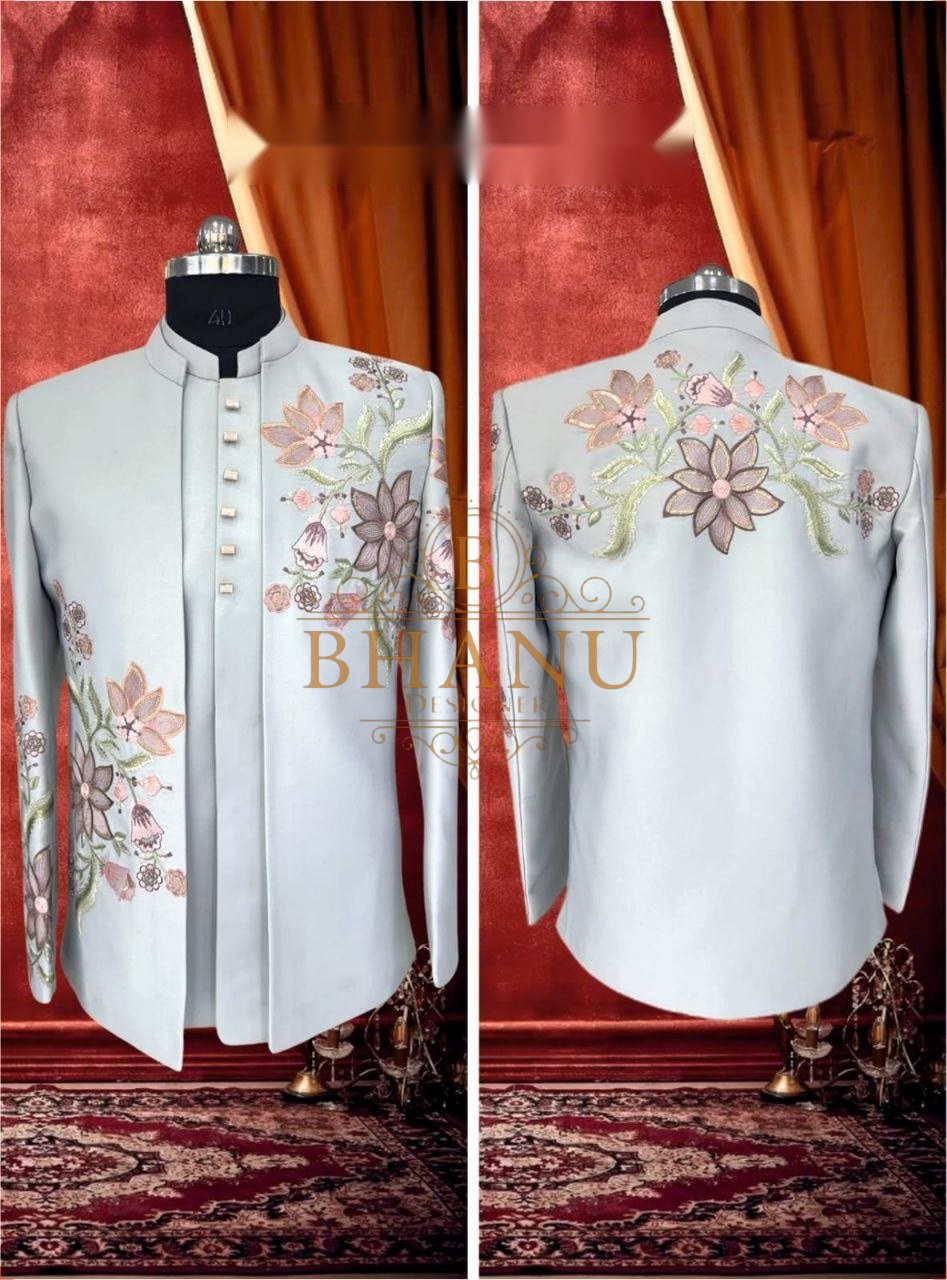 White with pink and green floral embroidery - jodhpuri bandhgala