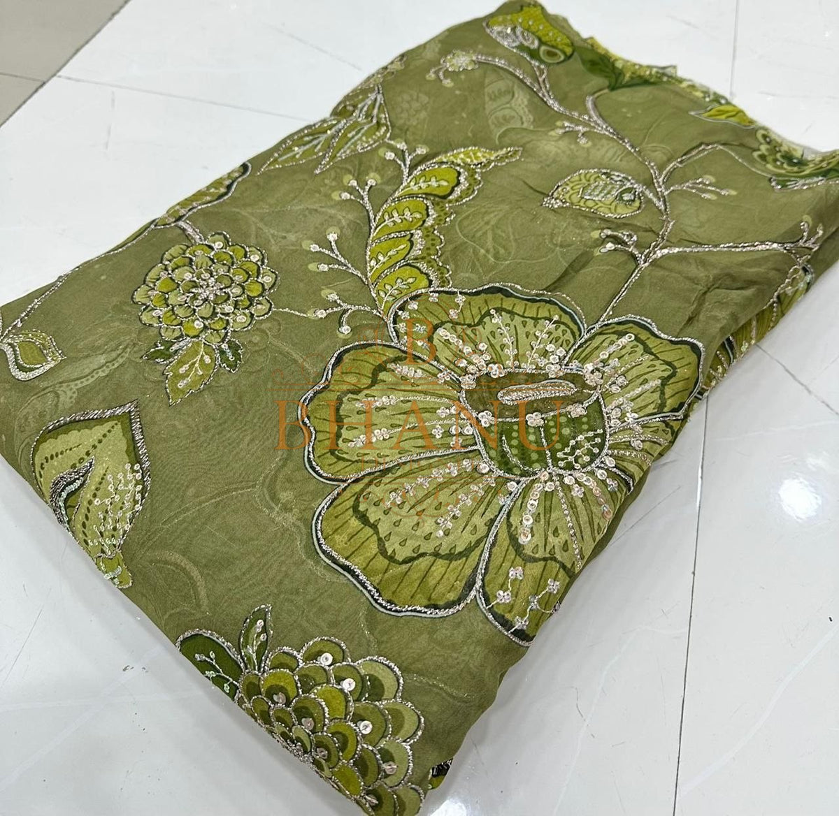 Olive with tonal floral work - fabric by the metre
