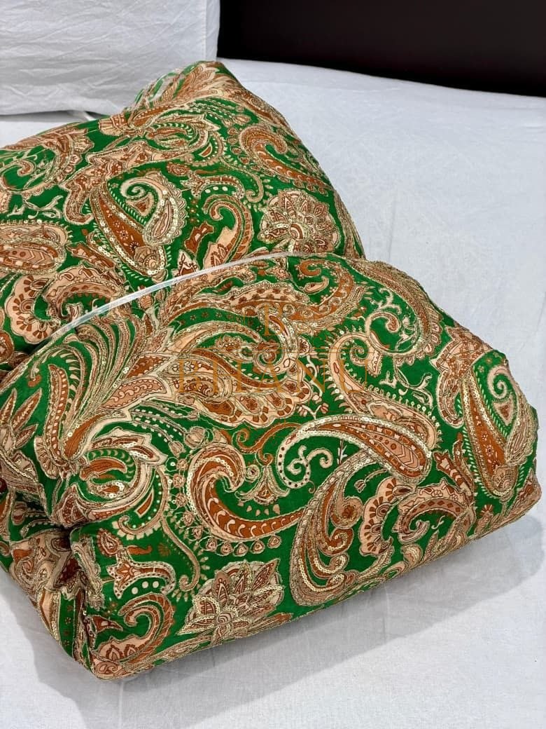 Green with gold paisley - fabric by the metre