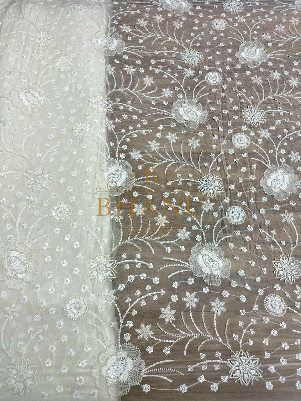 Taupe with white floral embroidery - fabric by the metre
