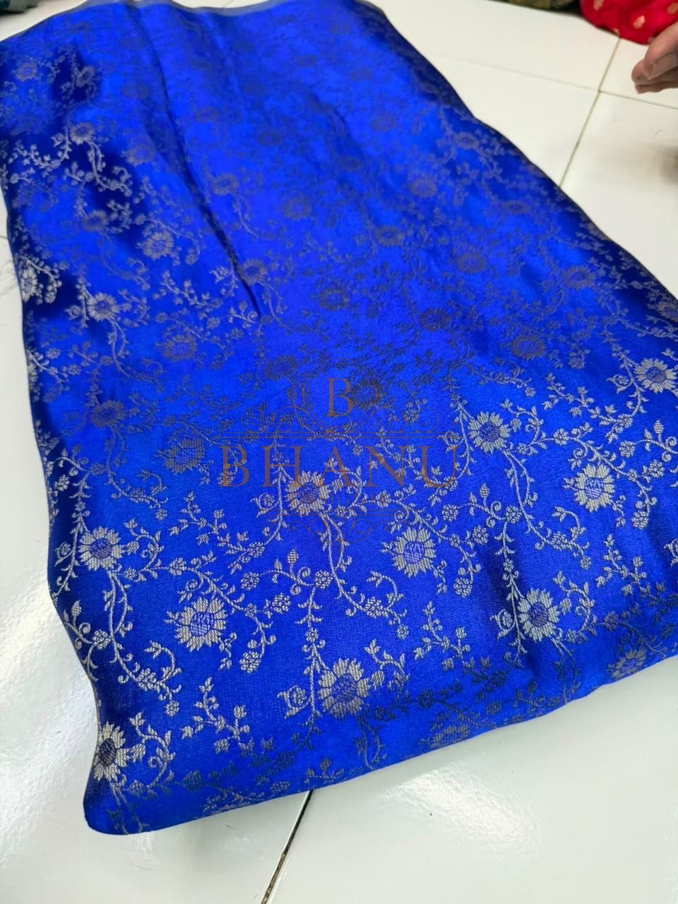 Blue with gold floral embroidery - fabric by the metre