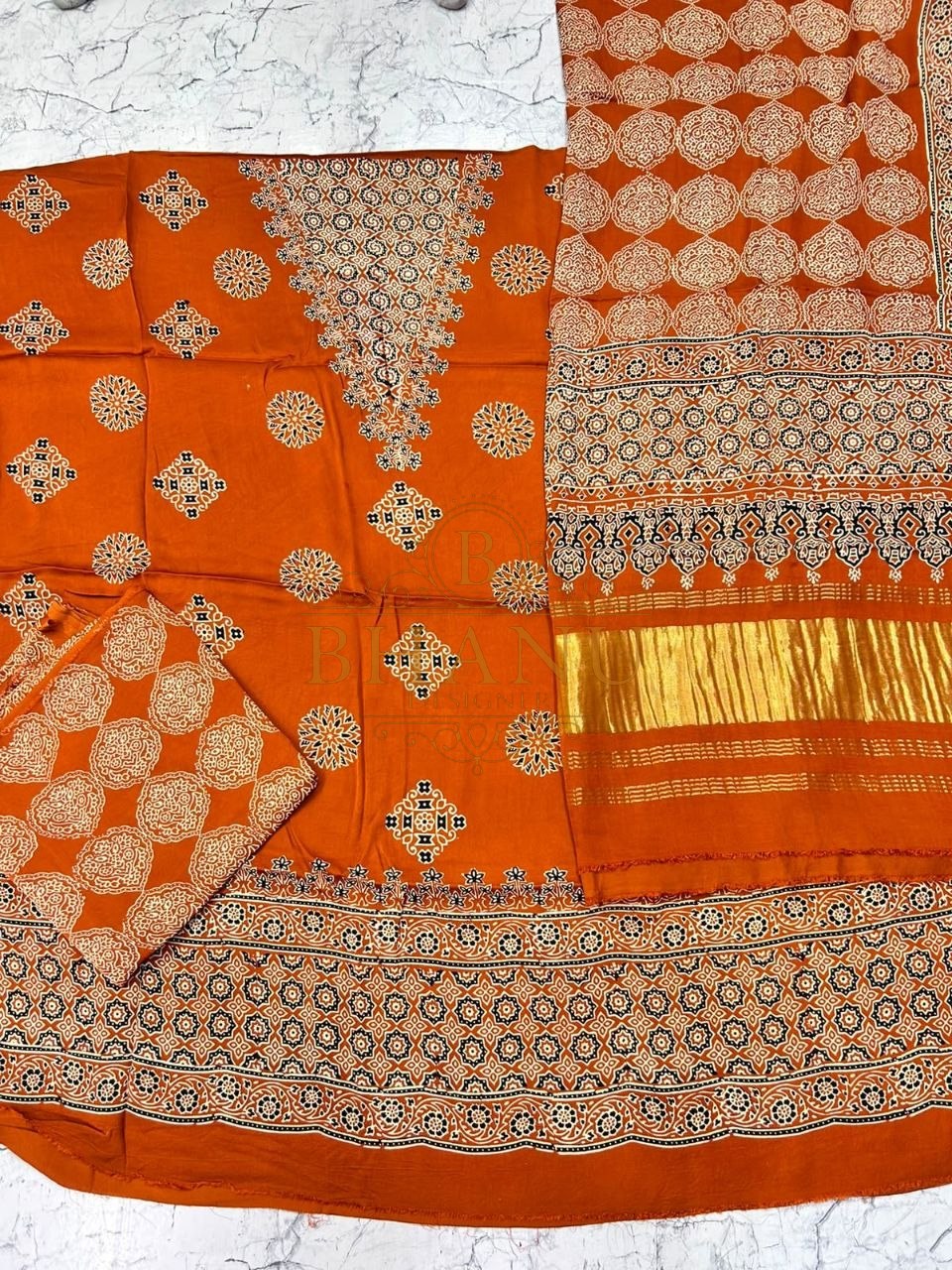 Orange block print, cut set - fabric by the metre