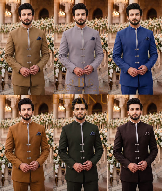 Band-collar jodhpuri with silver frog clasps and a pocket square