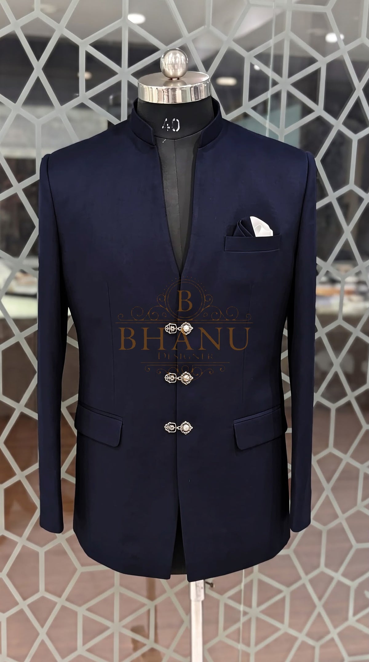 Band-collar jodhpuri with silver frog clasps and a pocket square