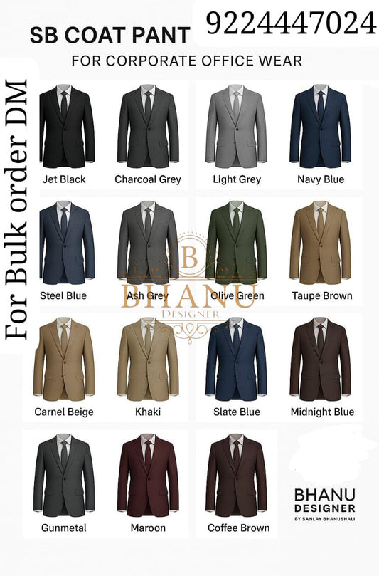 SB Coat Pant corporate office wear colour chart, fifteen shades