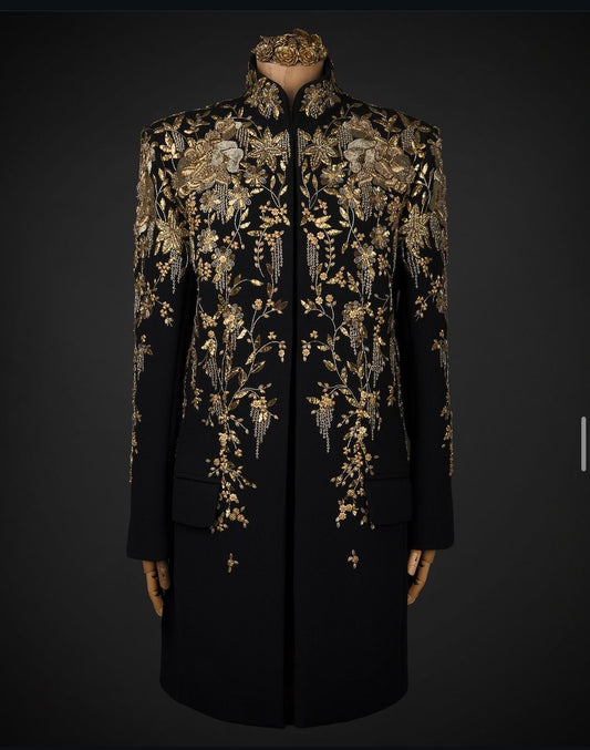 Black Sherwani with Antique Gold Embroidery