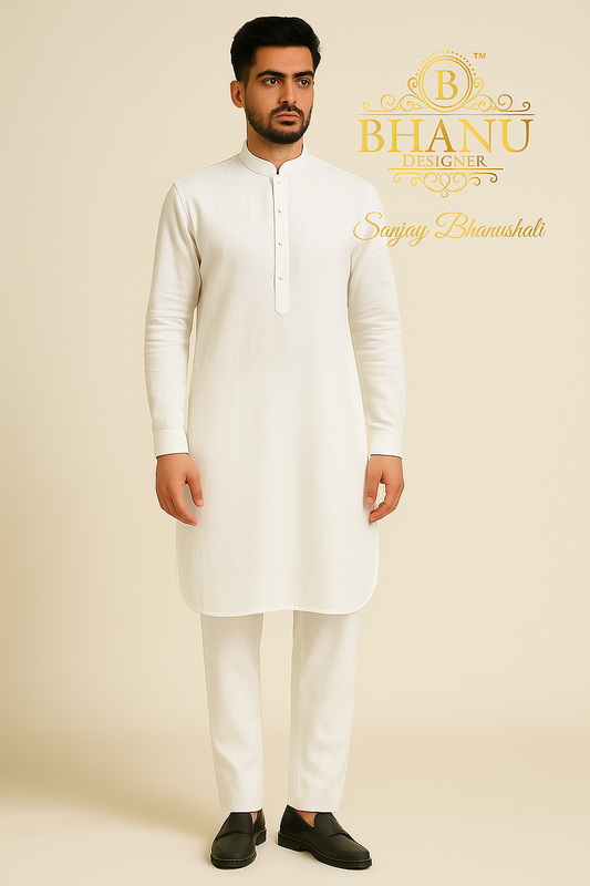 Elegant White Linen Kurta with Polo Pants