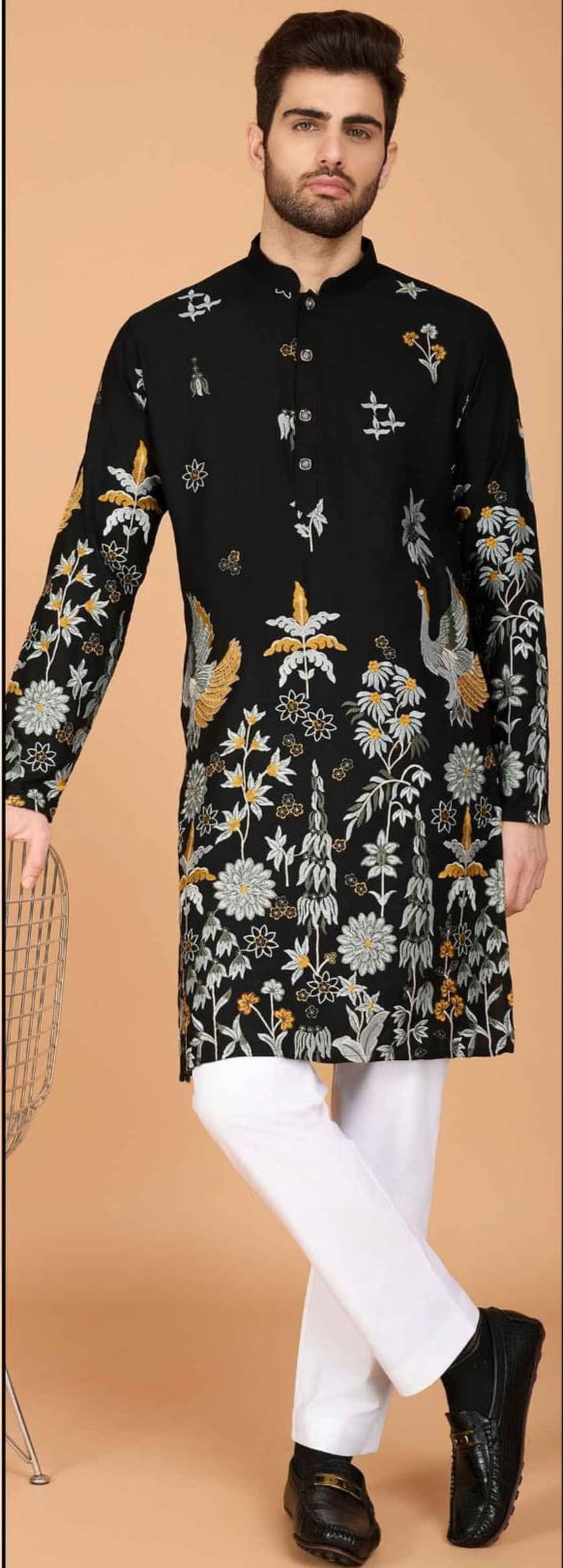 Collection of men's kurta designs with color options and size chart on a beige background.