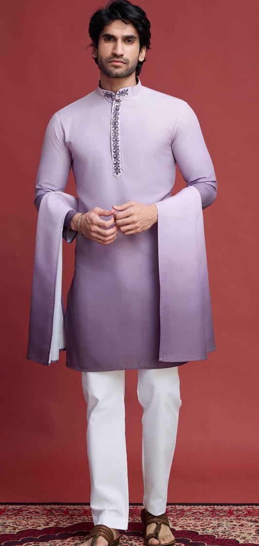 Four men modeling different colored kurta sets with product details below.