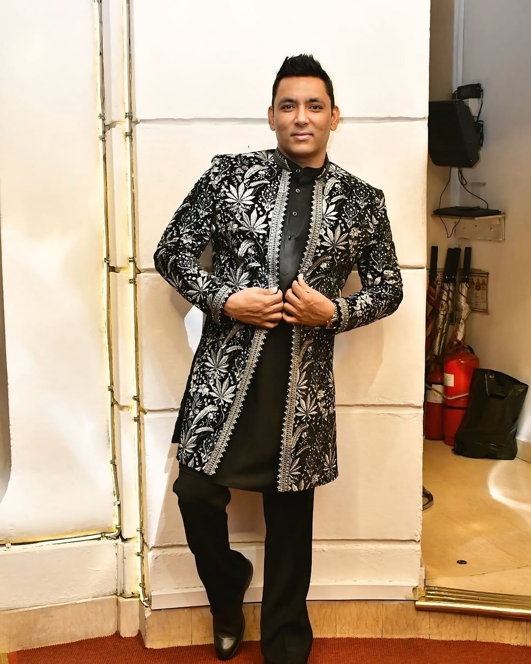 Black Velvet Sherwani with Silver Embroidery