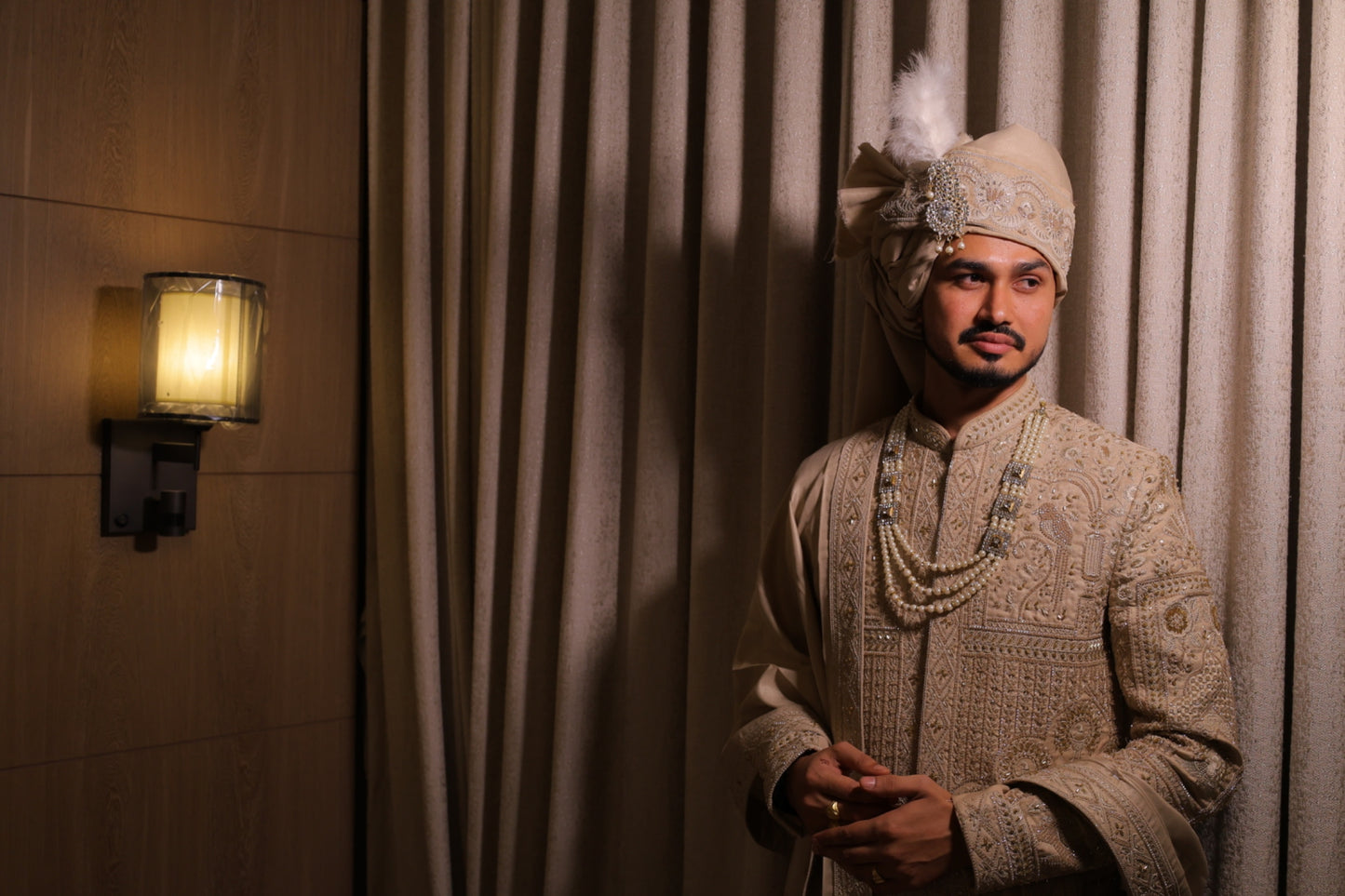 Beige Embroidered Sherwani for Groom