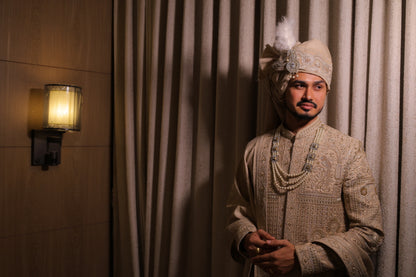 Beige Embroidered Sherwani for Groom