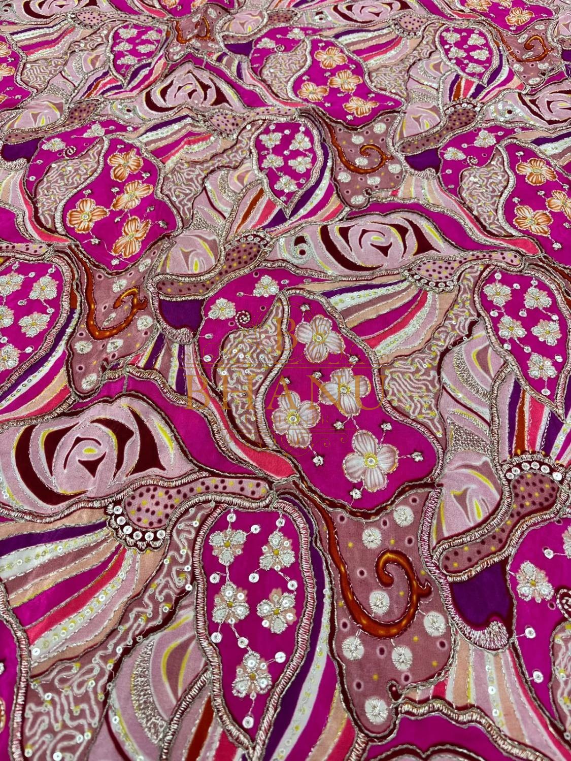 Rani pink crepe with printed roses, gold cording and sequins