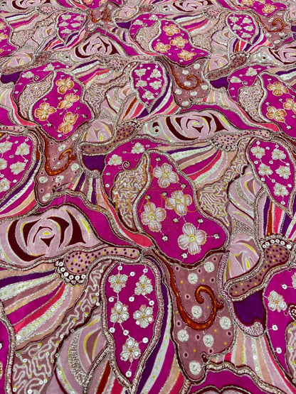 Rani pink crepe with printed roses, gold cording and sequins