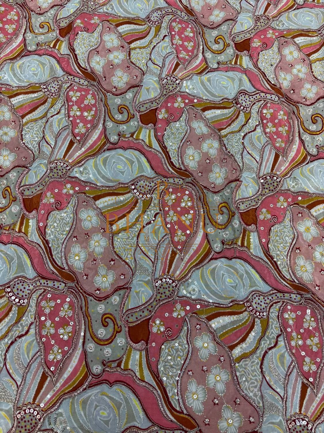 Coral and grey crepe with printed roses, gold cording and sequins