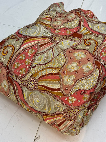 Coral and grey crepe with printed roses, gold cording and sequins