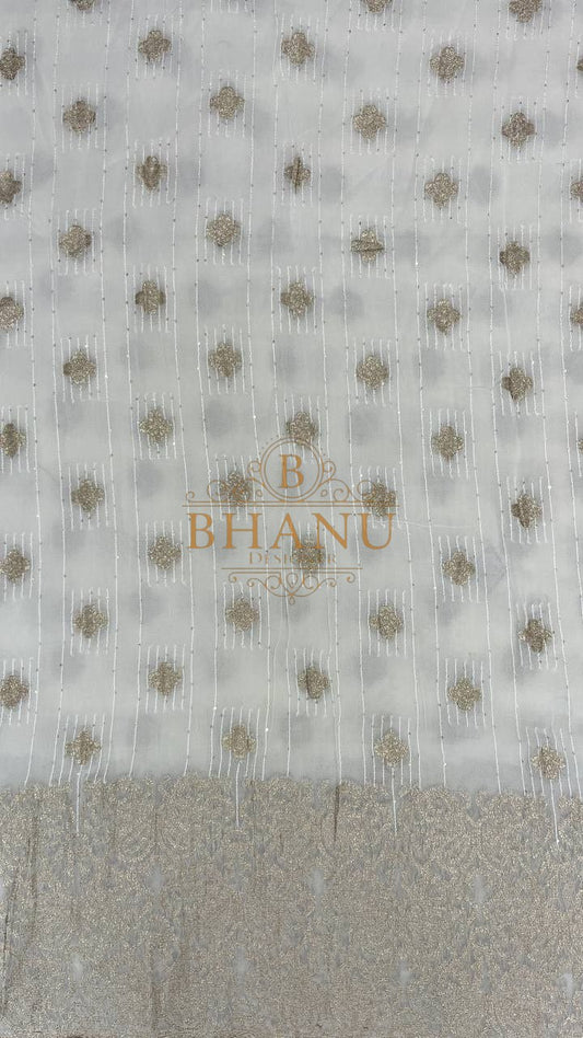 Ivory with gold diamond butti, close set - fabric by the metre