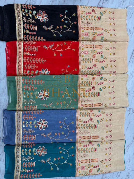 Embroidered panels in navy, red, teal and blue on cream - fabric by the metre
