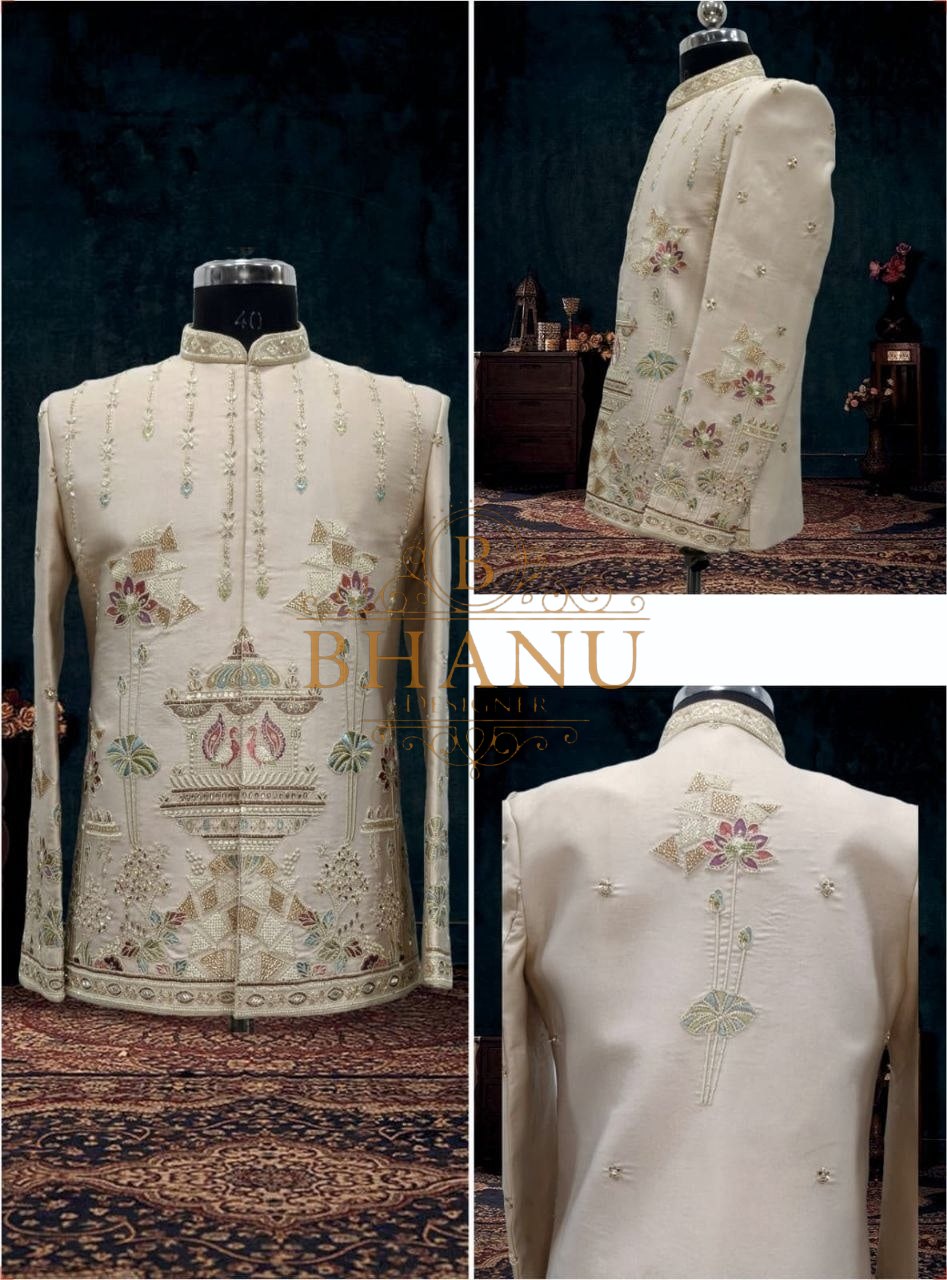Ivory with pastel floral and temple-motif embroidery - sherwani