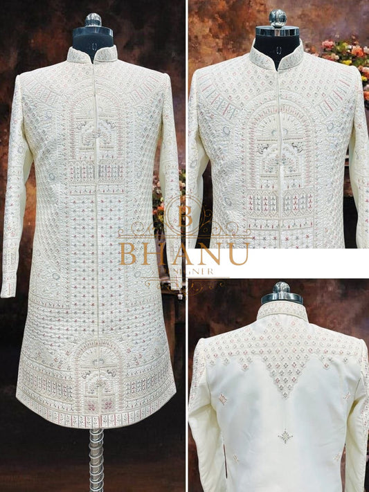 Ivory with dense arch and dome embroidery - sherwani