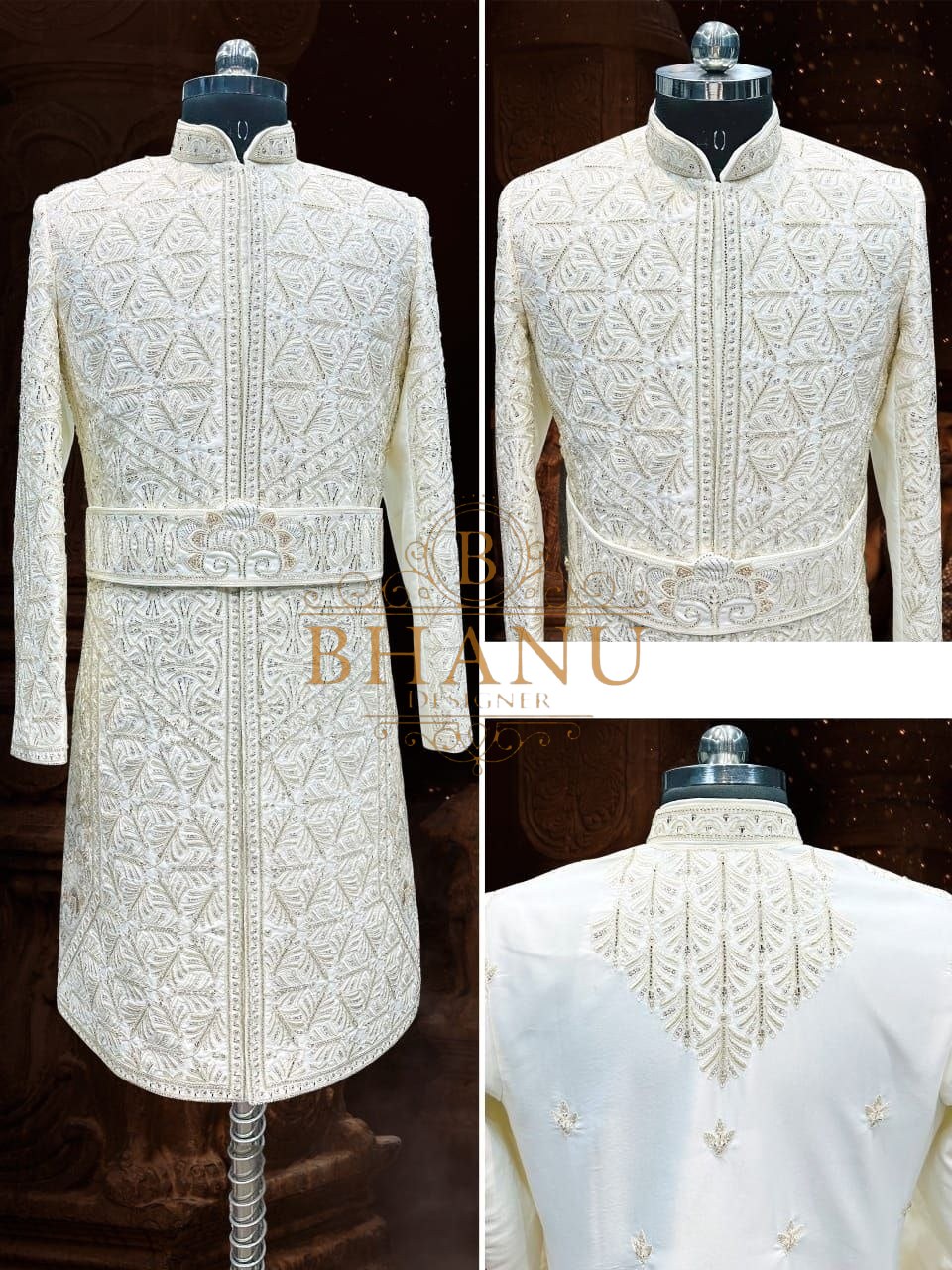 Ivory with quilted diamond work and a belt - sherwani