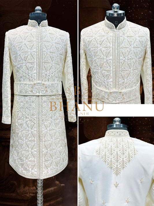 Ivory with quilted diamond work and a belt - sherwani