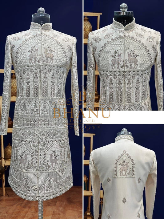 Ivory with figurative architectural embroidery - sherwani