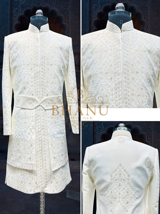 Ivory with fine allover embroidery and a belt - sherwani