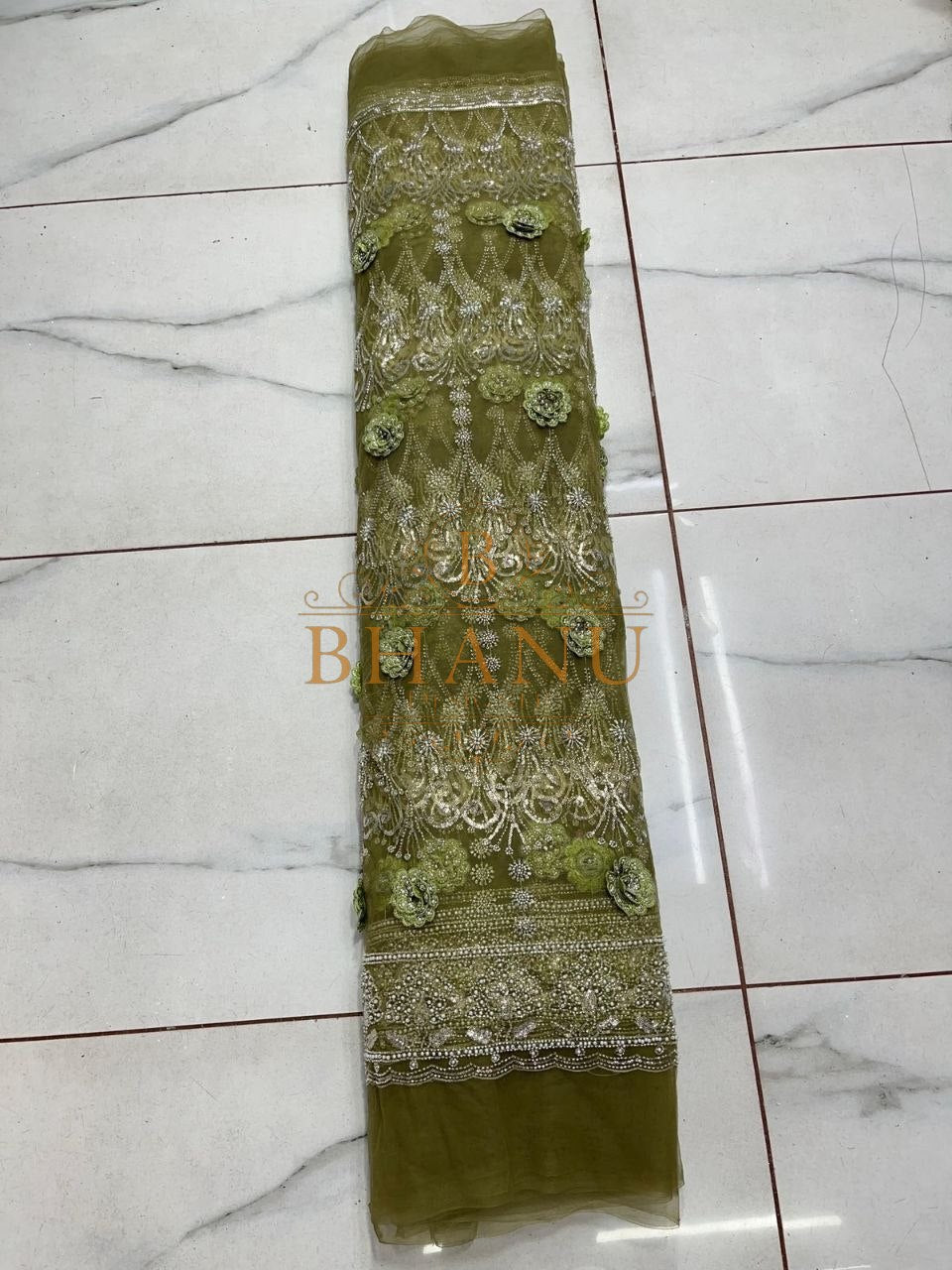 Olive green with gold embroidered border - fabric by the metre