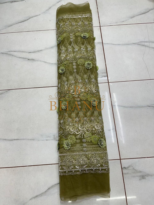 Olive green with gold embroidered border - fabric by the metre