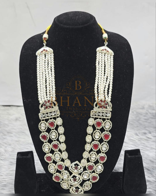 Mala necklace shown on a display stand