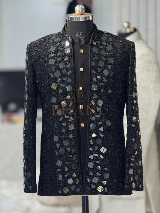 Black with mirror and geometric hand work - jodhpuri bandhgala