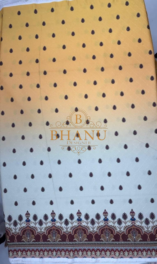 Yellow to blue ombre with dot butti and a printed border - fabric by the metre