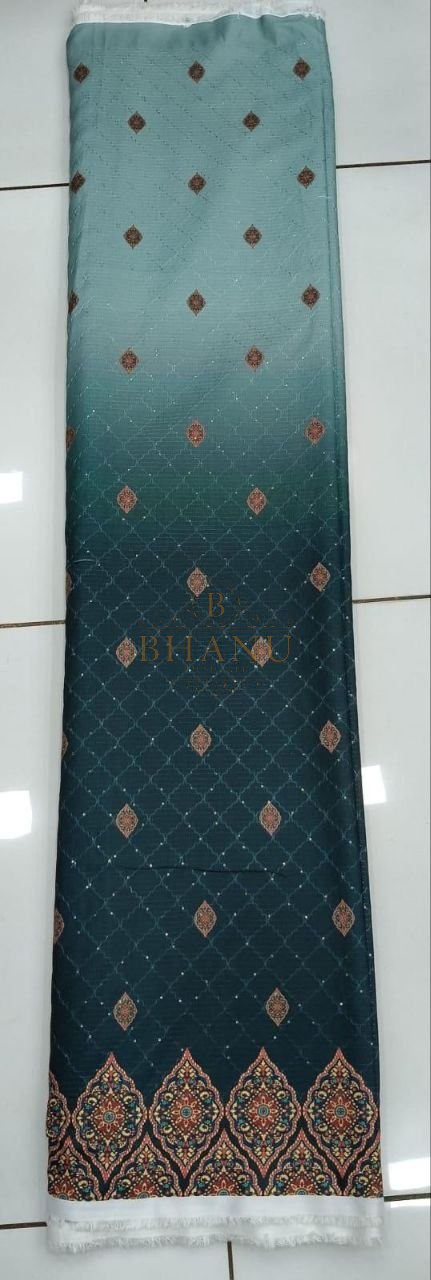 Teal ombre with gold butti and a woven hem - fabric by the metre