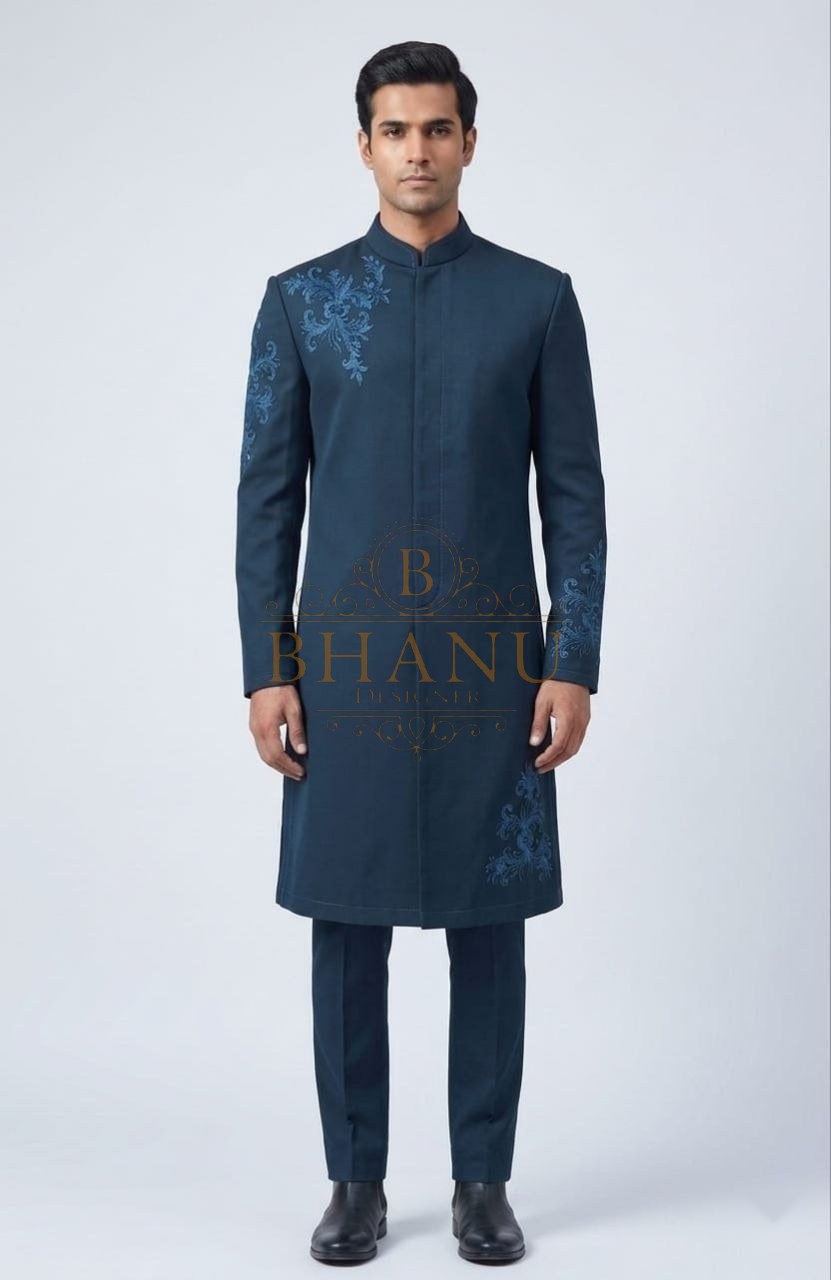 Deep teal with tonal embroidery through the body - indo-western