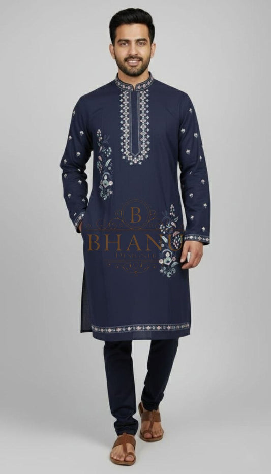 Navy with fine white embroidery at the placket and hem - kurta