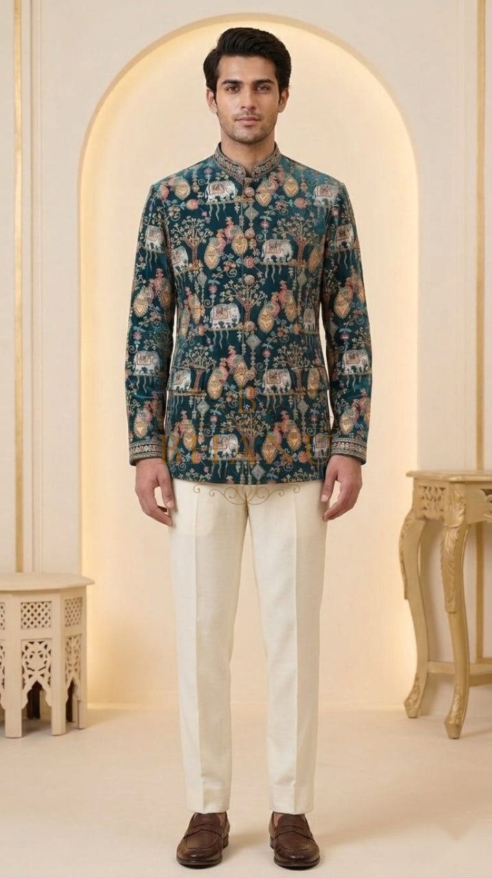 Printed in dark florals, cut as a bandhgala - jodhpuri bandhgala