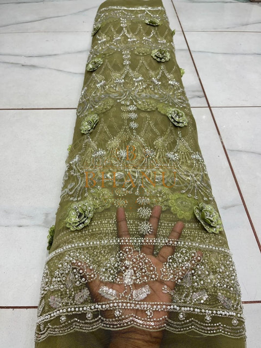Olive net with raised floral applique - fabric by the metre
