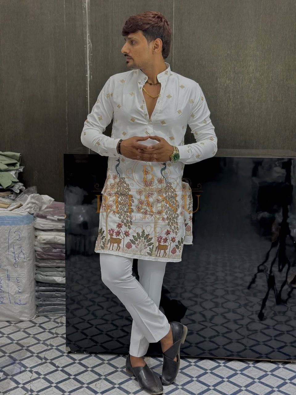 White with gold embroidery at the yoke - kurta