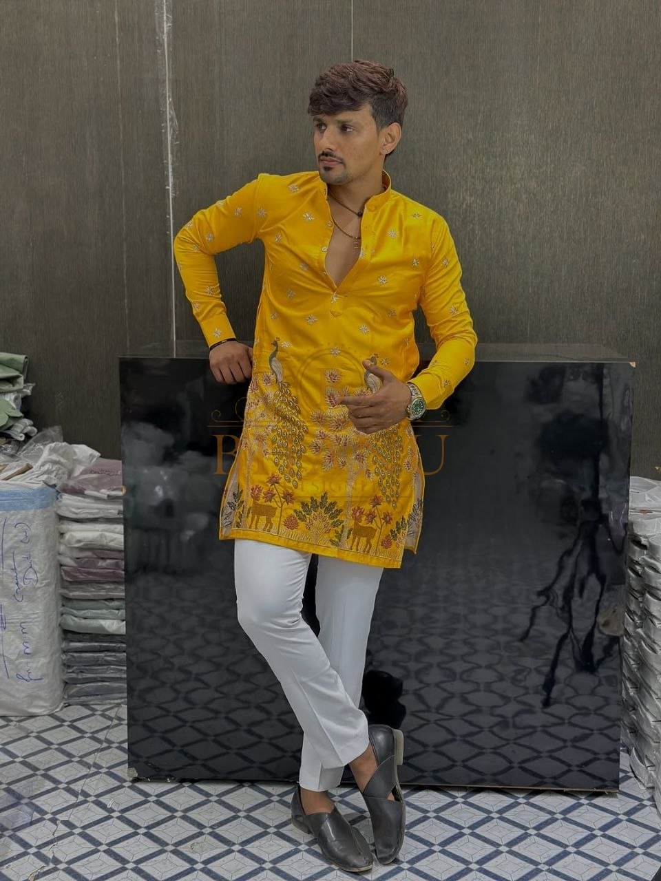 Mustard with tonal self embroidery - kurta