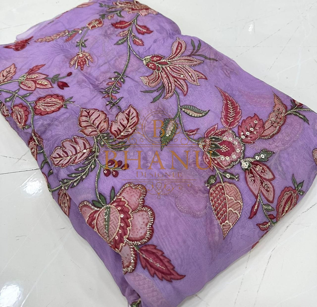 Lilac with pink and peach floral embroidery - fabric by the metre